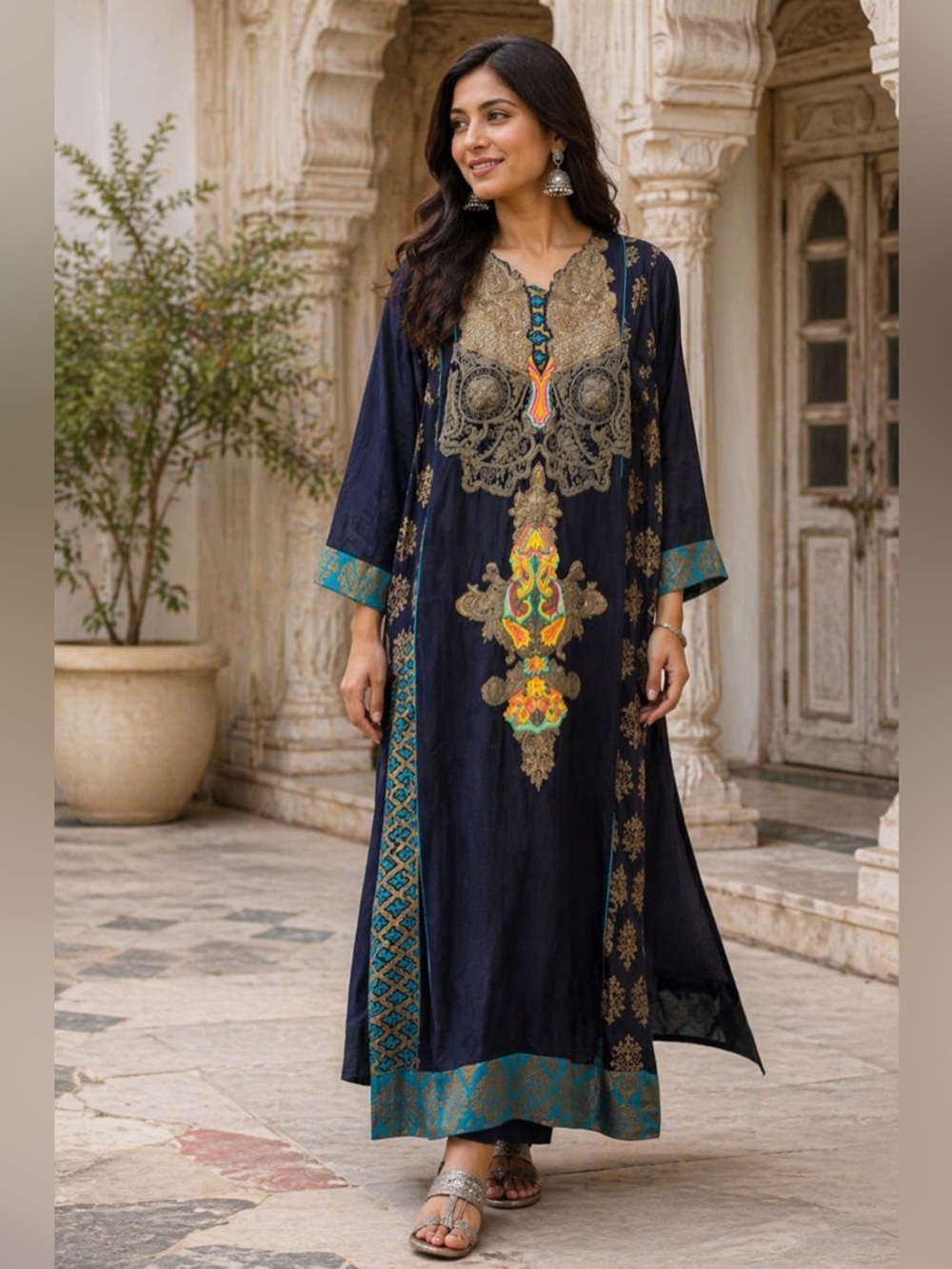 Embroidered Kurta Dress Navy Multicolor Ornate Indian Kaftan Tunic